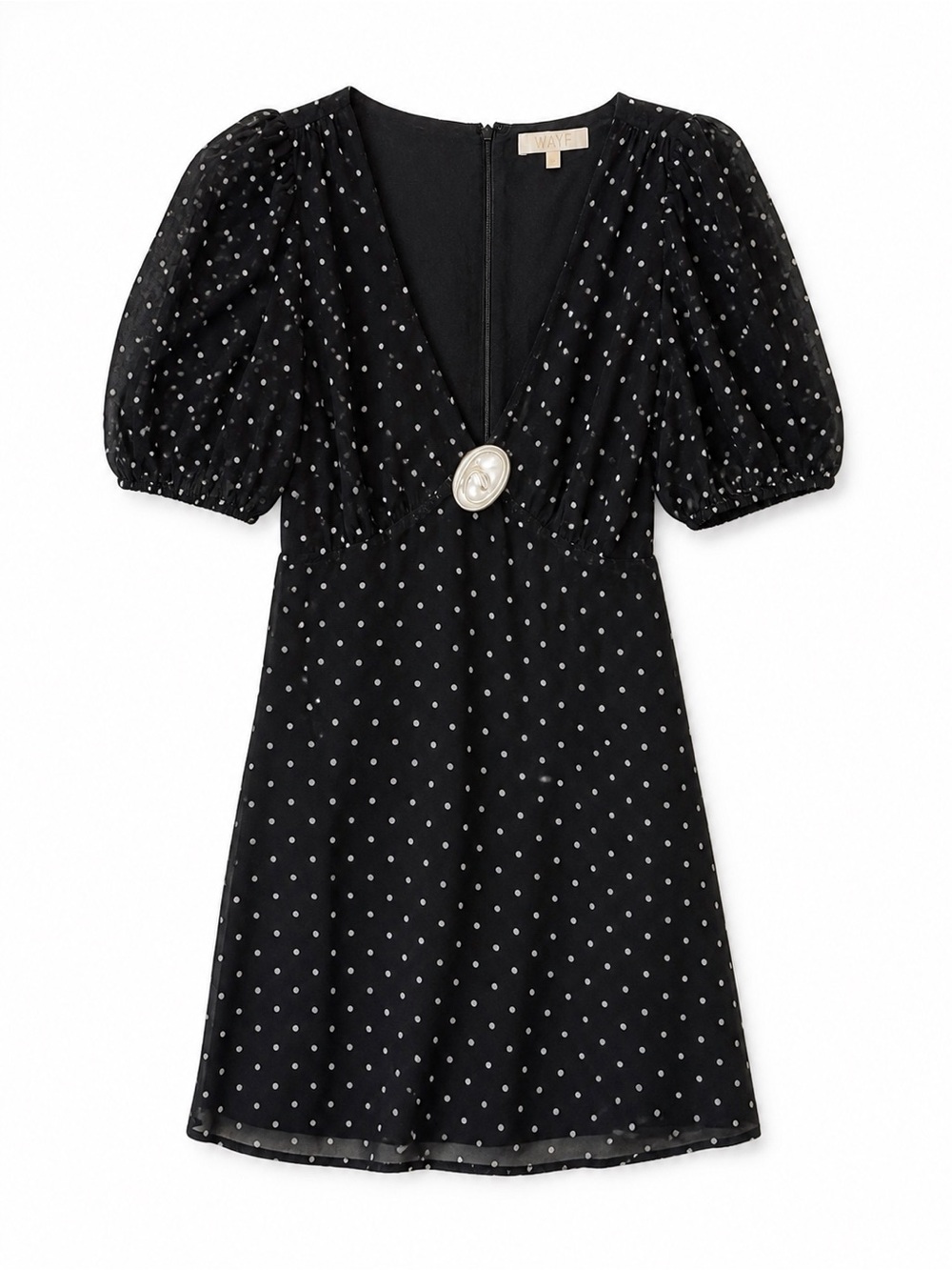 WAYF Black Polka Dot Mini Dress Puff Sleeve Tie Back Size S
